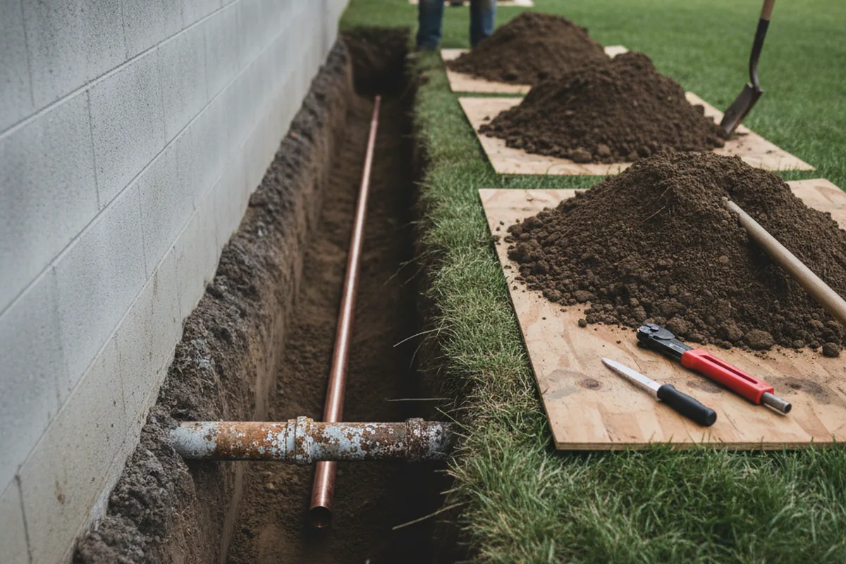 Excavated water line trench during Sewer Line Repair in Moorefield